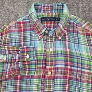 Ralph Lauren Shirt Mens Large Madras Plaid Linen Button Down Long Sleeve Casual